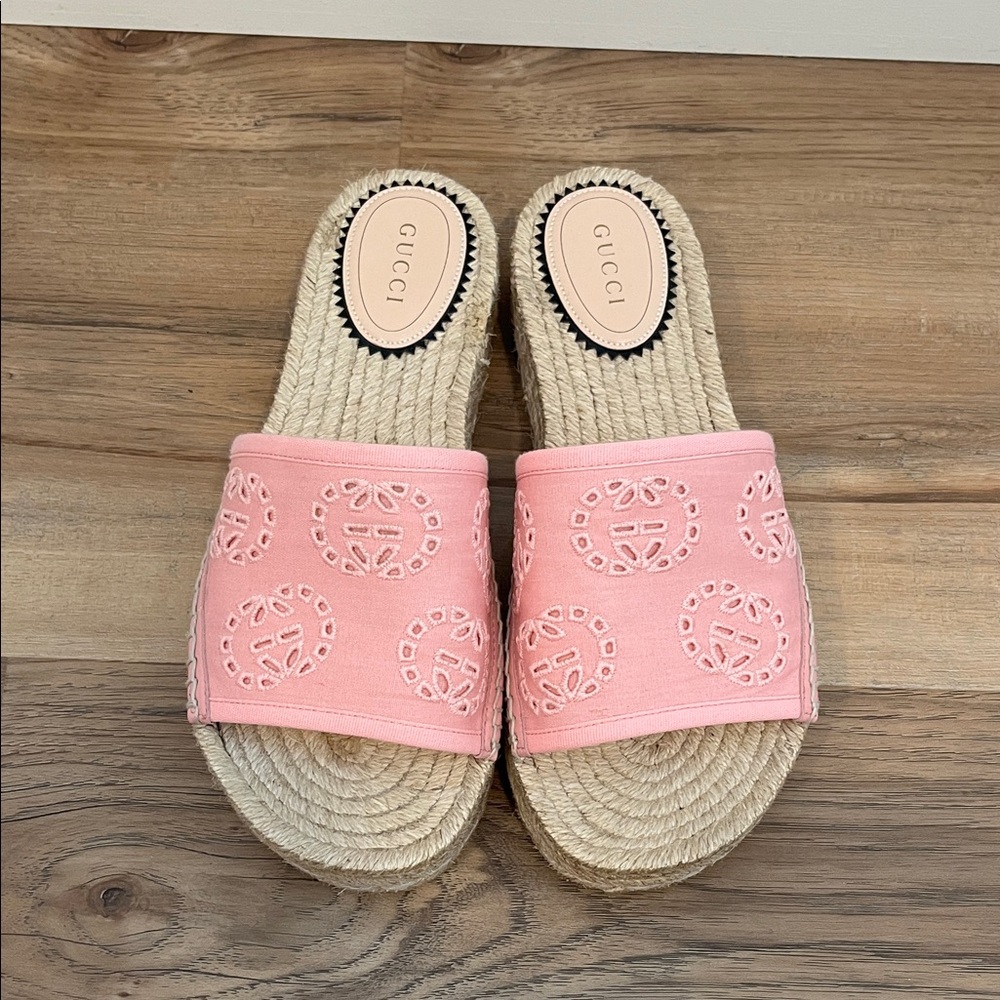 Gucci Pink Embroidered Jute Slide Sandals